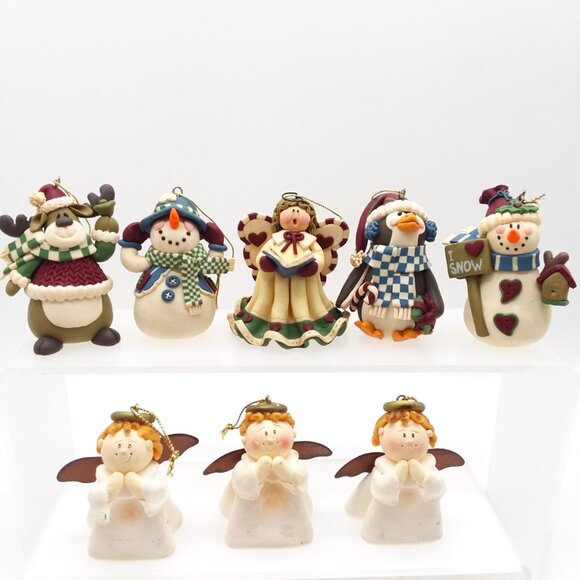 8 Christmas Ornaments Handcrafted Clay Angel Penguin Moose Snowman Holiday Decor